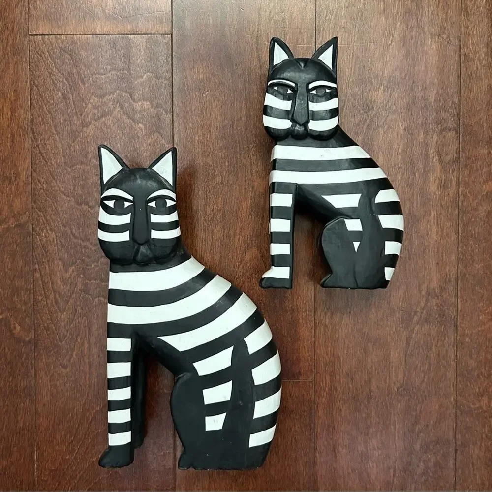 Laurel Burch Style Vintage Pair of Striped Black and White Cat Wooden Figurines